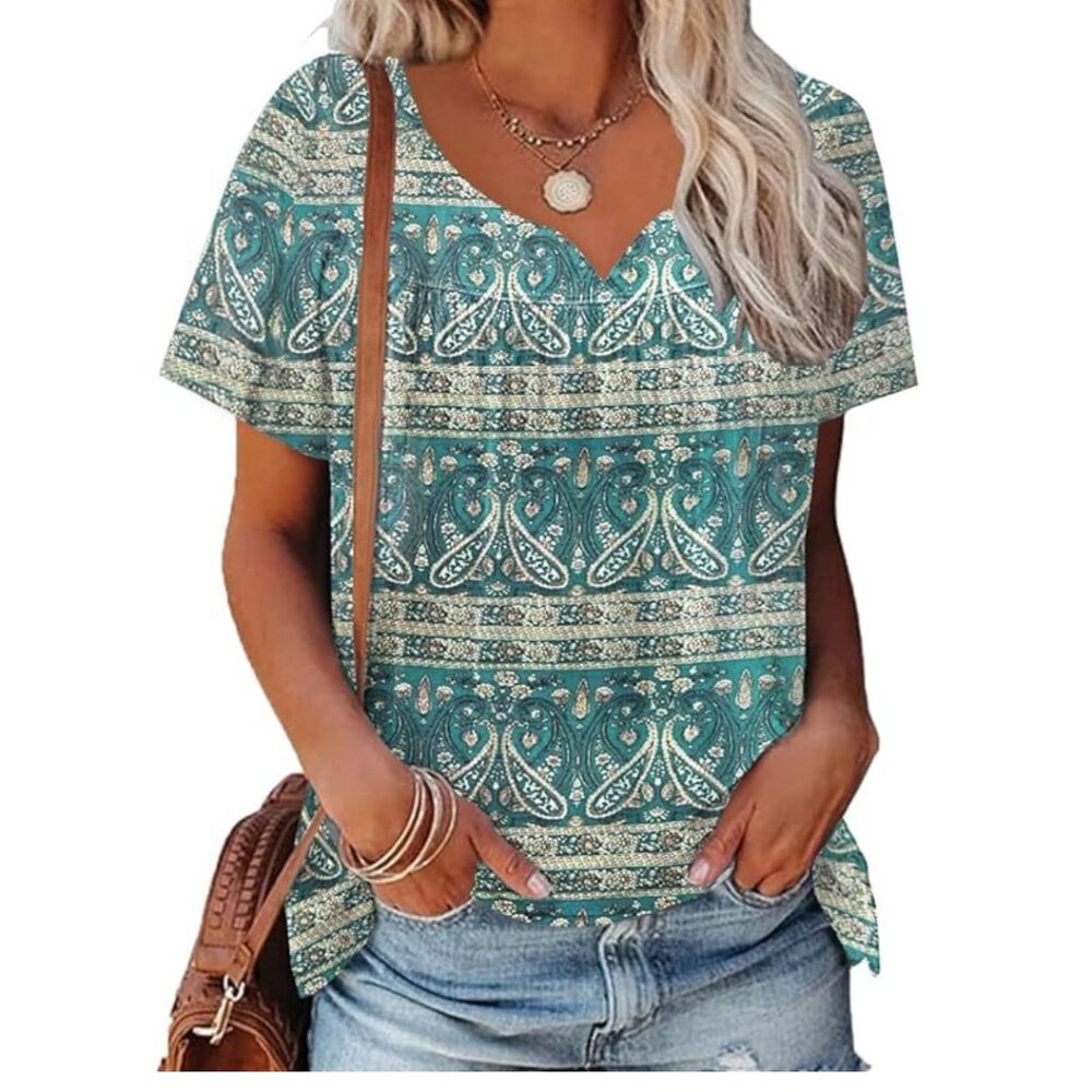 Boho Paisley V-Neck Short Sleeve Blouse - Teal